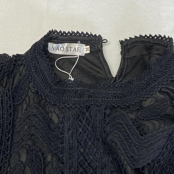 Yaostar Black Crochet Lace Sleeveless Ruffle Tank Top Tunic Lined Boho Chic M - Picture 12 of 15